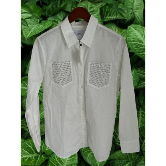 The Shirt Rochelle Behrens The Boyfriend Shirt White Metal studs chest pocket- S - Picture 5 of 8